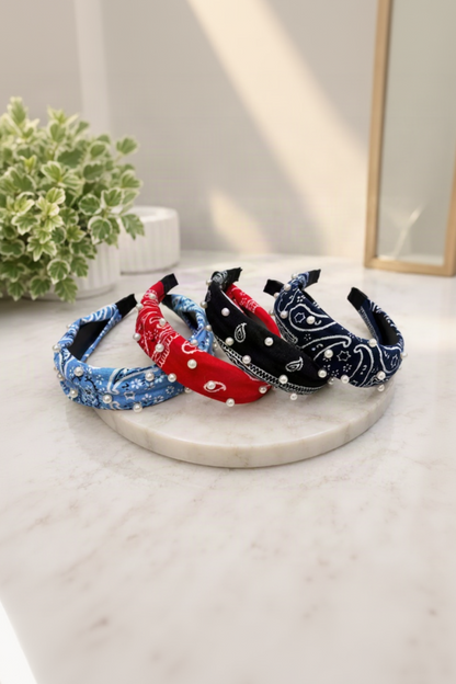 Four pearl embellished paisley bandana headbands displayed together