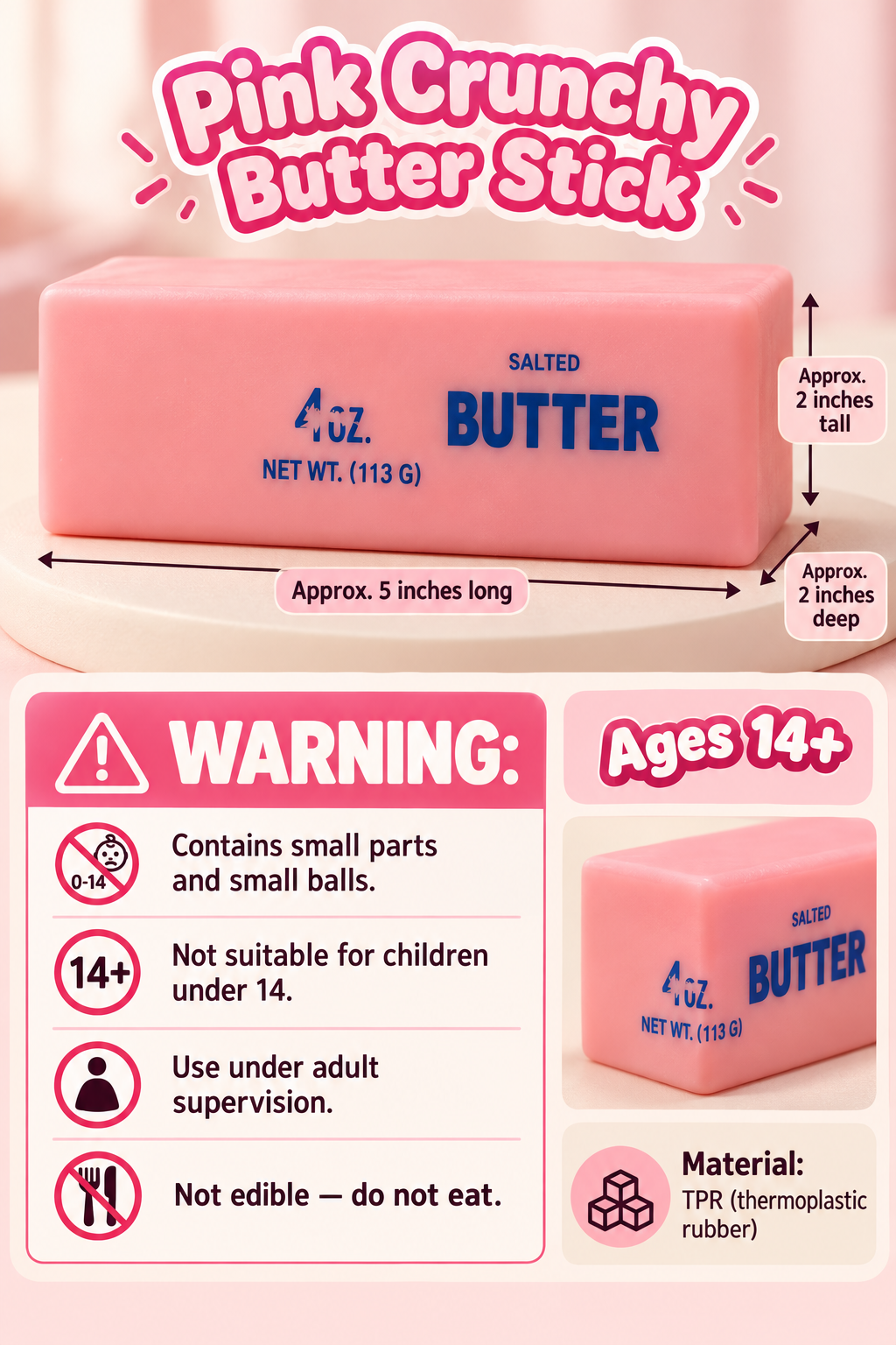 Pink crunchy butter stick squishy — info dimensions and ages 14+ warnings