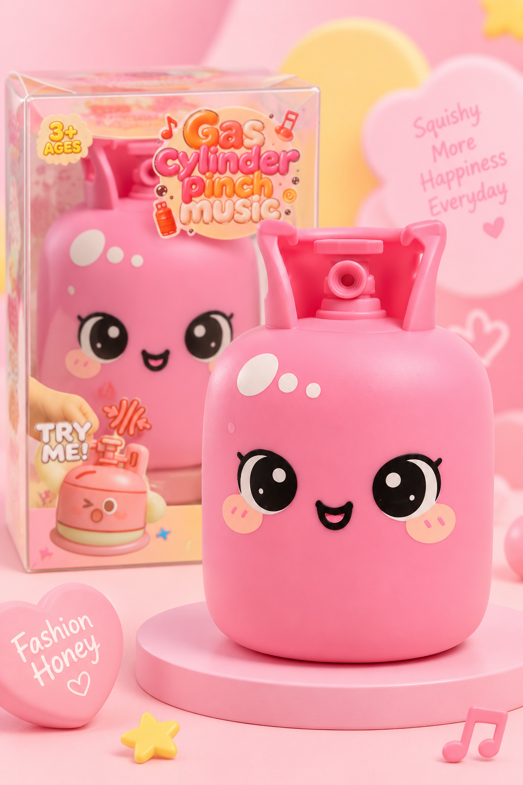 Pink gas cylinder squishy with kawaii face displayed upright outside its box