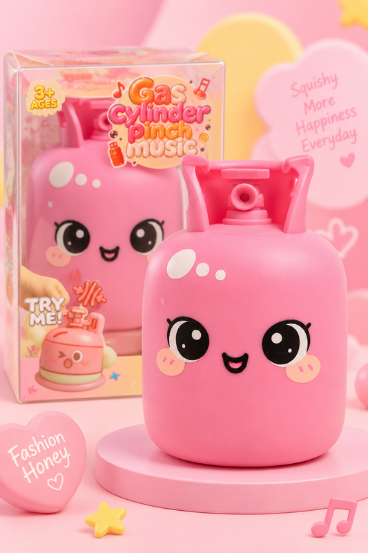 Pink gas cylinder squishy with kawaii face displayed upright outside its box