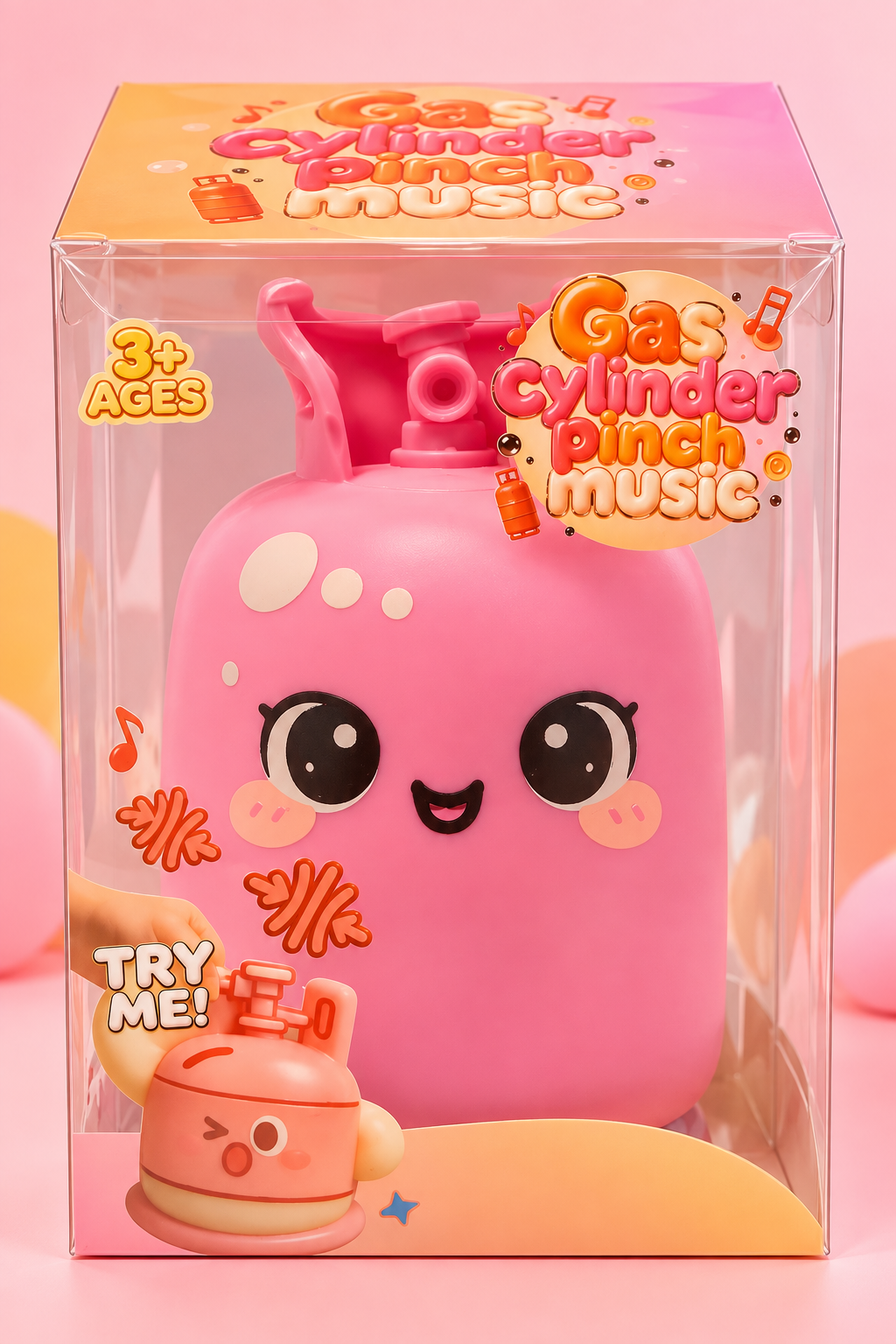 Pink gas cylinder squishy in clear retail box with Gas Cylinder Pinch Music packaging