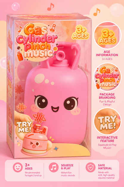 Pink gas cylinder squishy retail packaging shown from an alternate angle