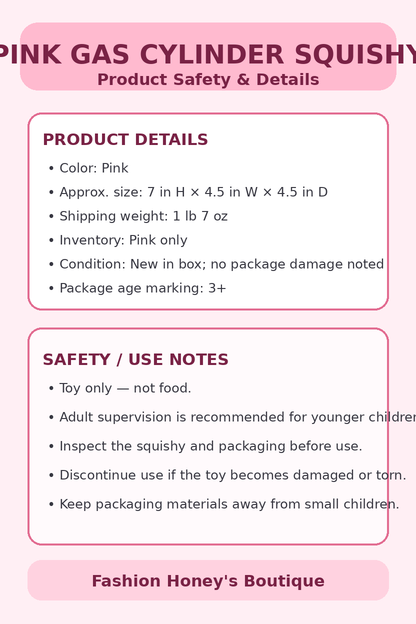 Pink gas cylinder squishy product safety and details card with measurements, shipping weight, condition, and age marking
