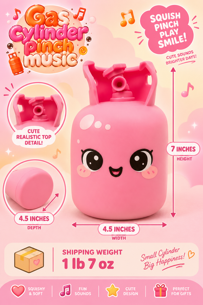 Pink gas cylinder squishy size guide showing 7 inch height, 4.5 inch width, 4.5 inch depth, and 1 pound 7 ounce shipping weight