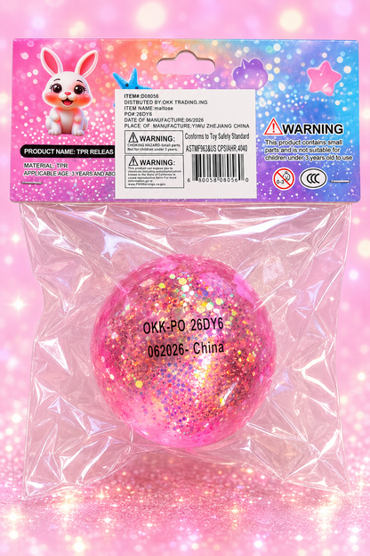 Pink glitter ball squishy cleaned back packaging with item D08056 barcode and safety warnings