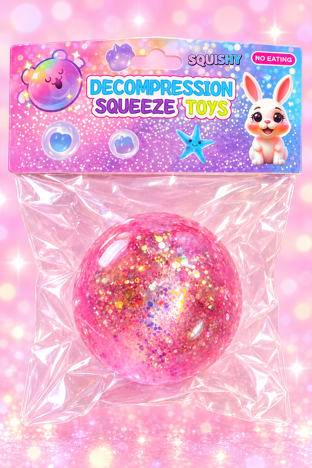 Pink glitter ball Vaseline-type squishy in cleaned Decompression Squeeze Toys retail packaging