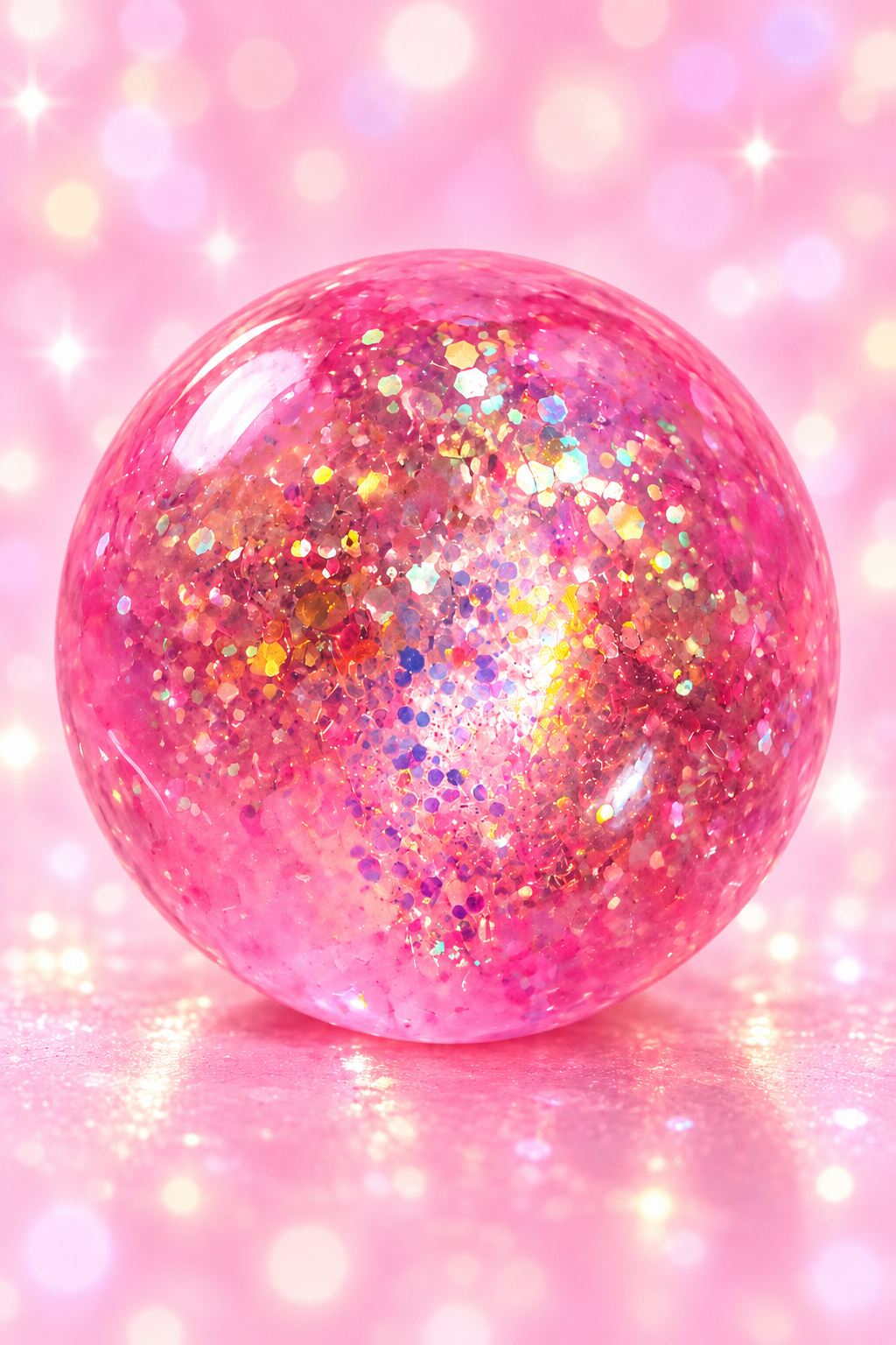 Pink 2-inch glitter ball Vaseline-type squishy shown outside packaging on a soft pink sparkling background