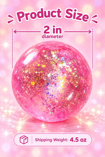 Pink glitter ball squishy size guide showing 2 inch diameter and 4.5 ounce shipping weight