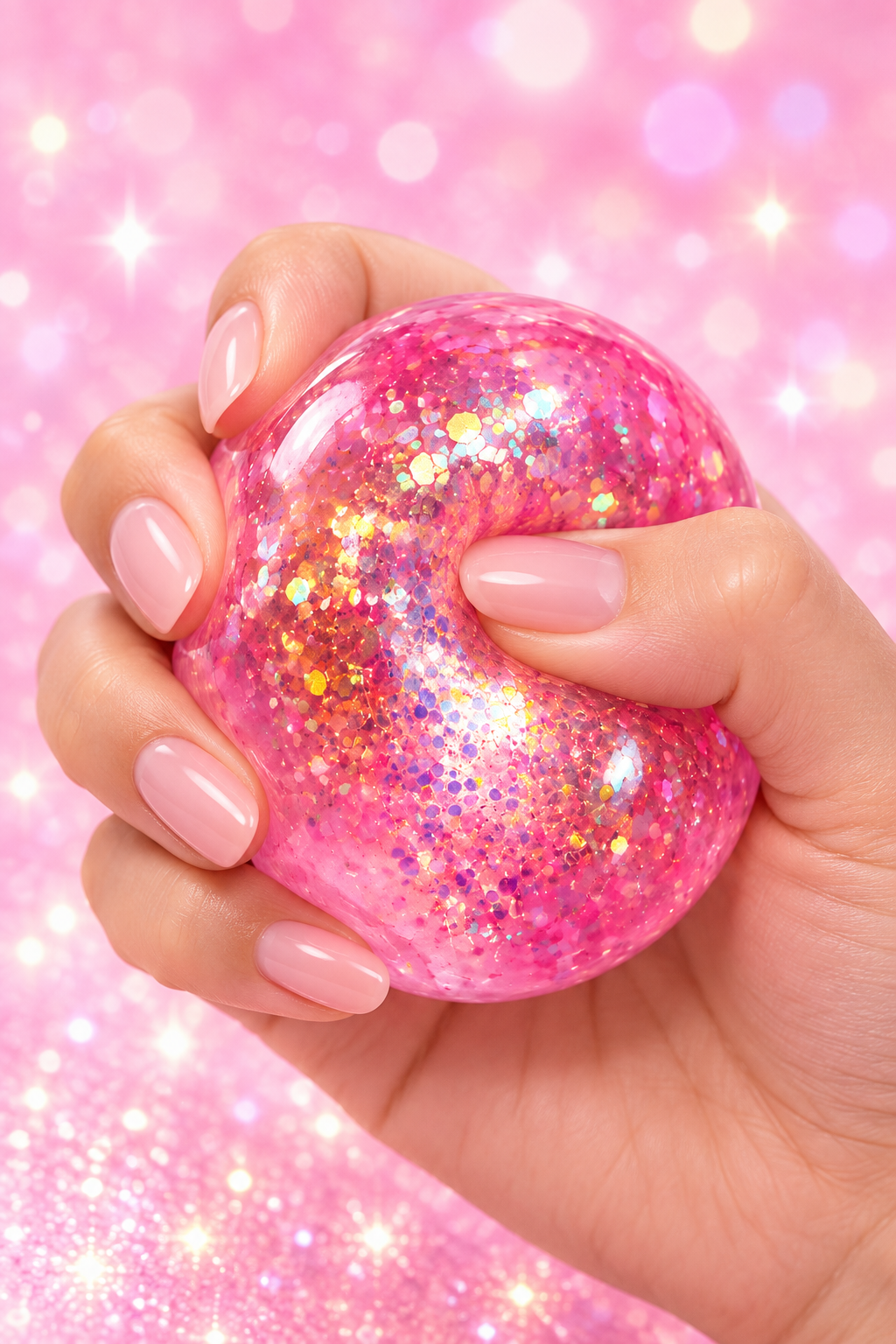 Pink glitter ball squishy compressed by hand to show its soft squeeze texture