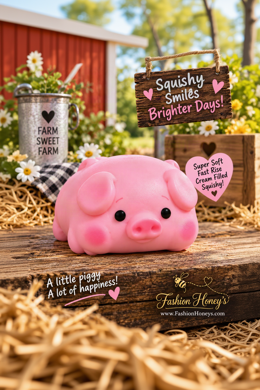 Pink piggy squishy farm lifestyle image with Fashion Honey's branding