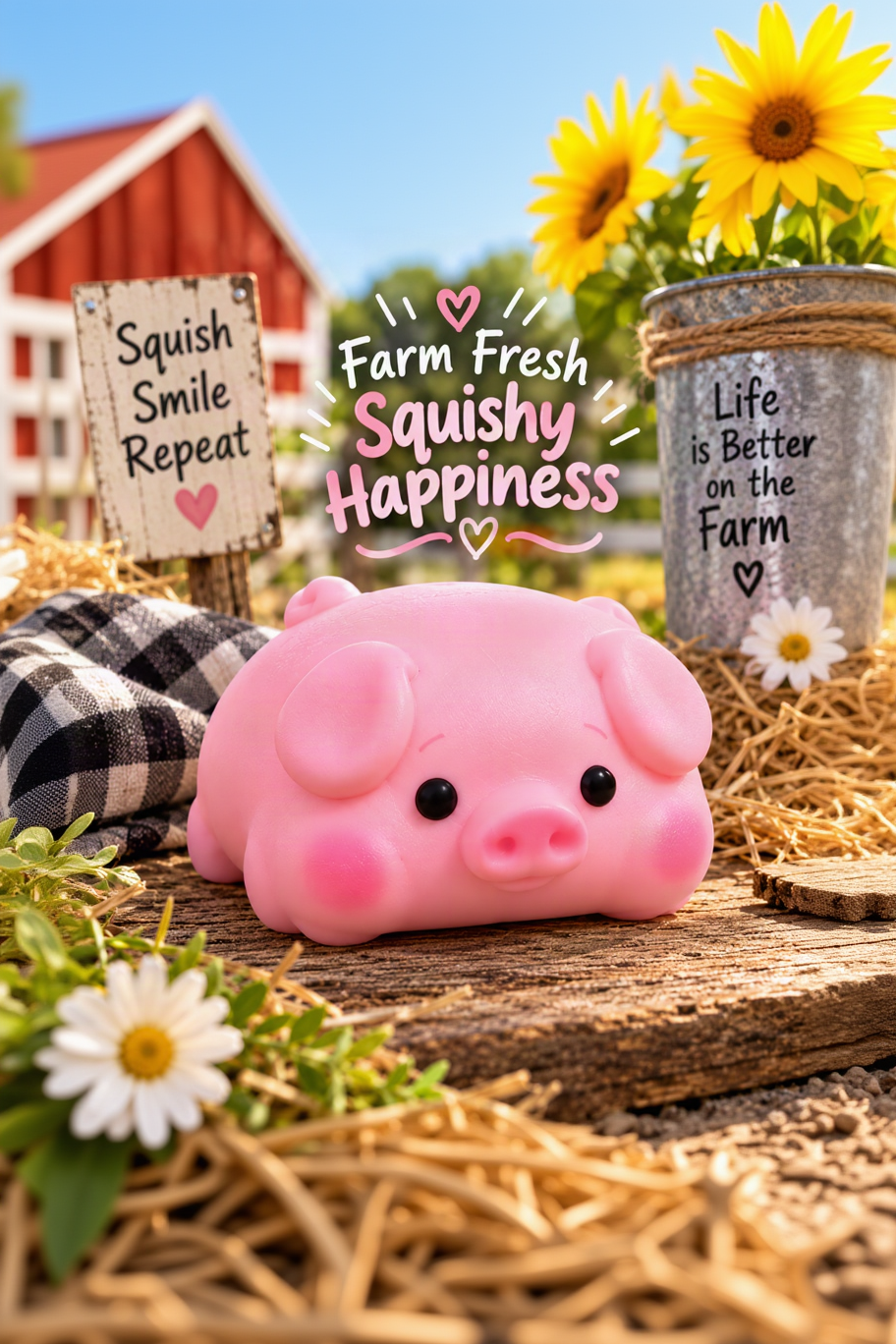 Pink piggy squishy in a cheerful farm fresh lifestyle setting