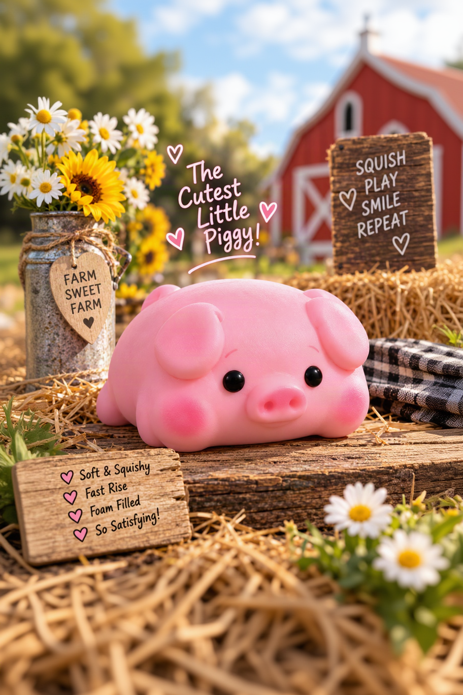 Pink piggy squishy farm lifestyle image highlighting soft fast-rise foam-filled features