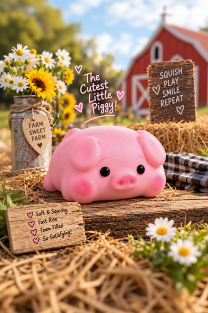 Pink piggy squishy farm lifestyle image highlighting soft fast-rise foam-filled features