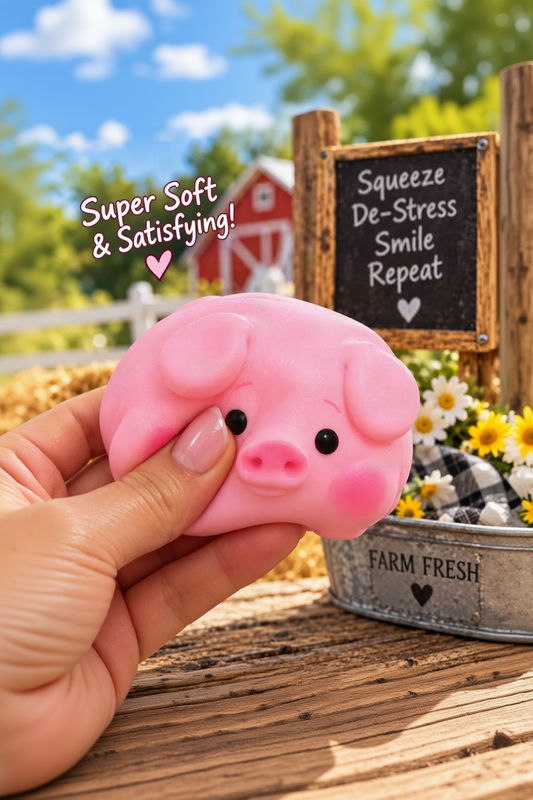 Pink piggy squishy gently squeezed by hand in a farm-themed setting