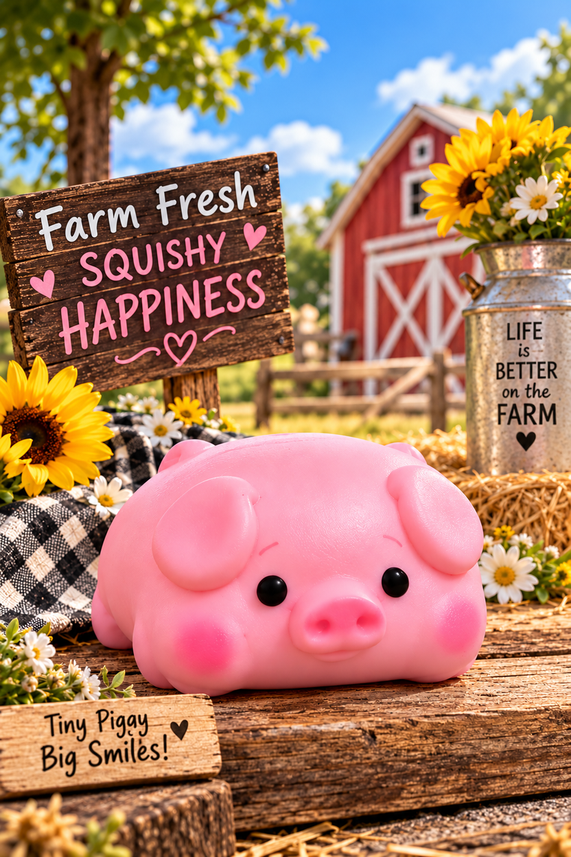 Pink foam-filled piggy squishy in a cute farm-themed hero display