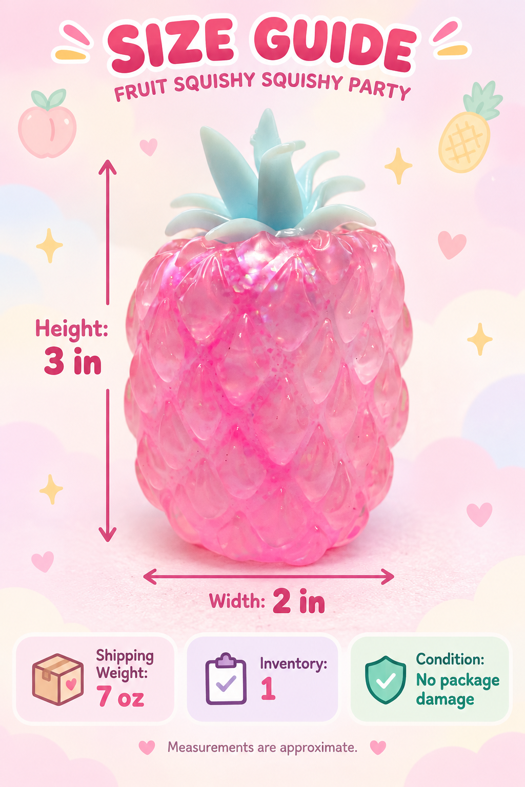 Pink pineapple Vaseline-style squishy size guide: 3 inches high and 2 inches wide