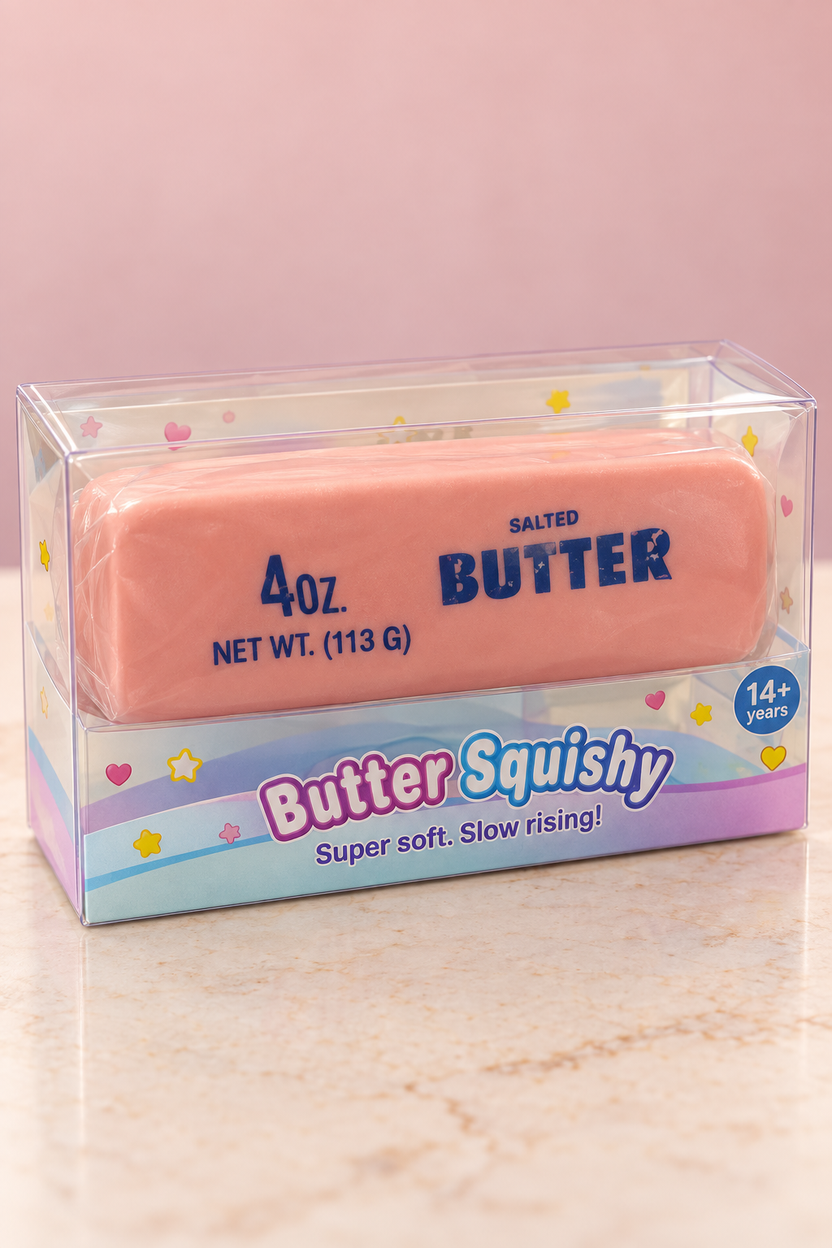 Pink butter stick squishy in clear retail box with slow rising and ages 14+ markings.
