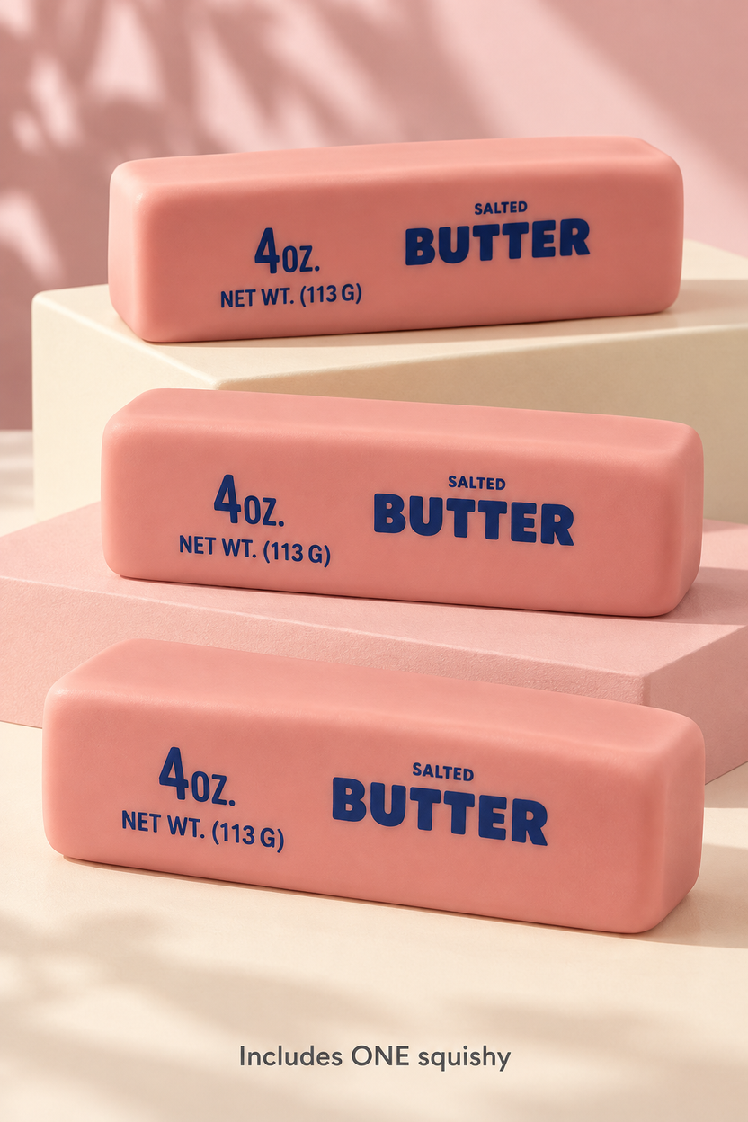 Pink Vaseline-style butter stick squishies displayed unwrapped on cream and blush tiers; includes one piece.