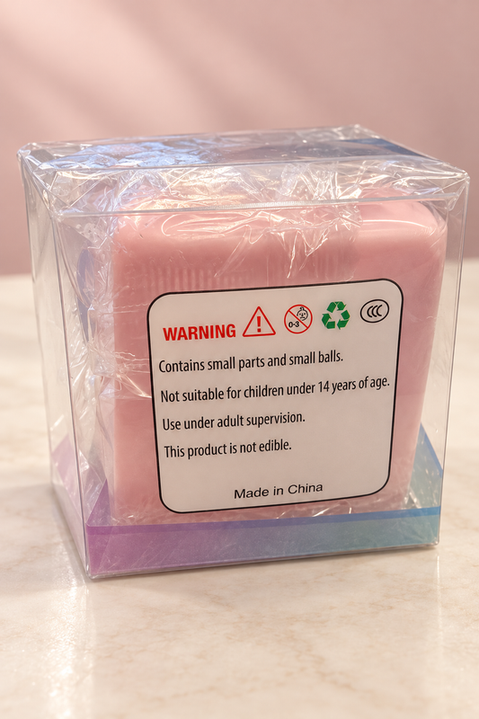 Pink butter stick clear retail package with original ages 14+, small parts and small balls, adult supervision and not edible warning.