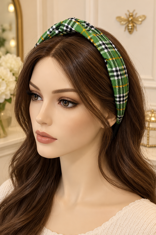 Green plaid top-knot headband displayed on a long-haired mannequin