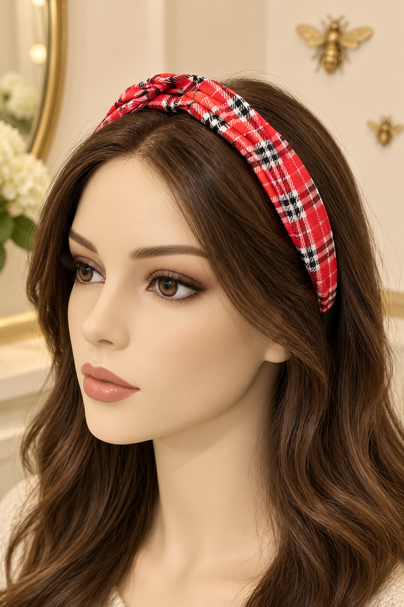 Red plaid top-knot headband displayed on a long-haired mannequin