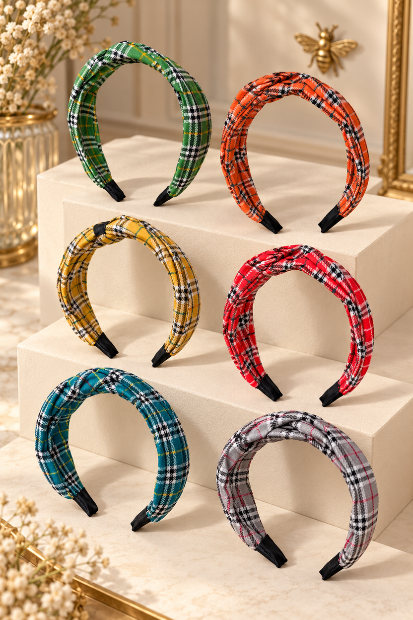 Green Orange Yellow Red Teal and Gray plaid top-knot headbands on a boutique tiered display