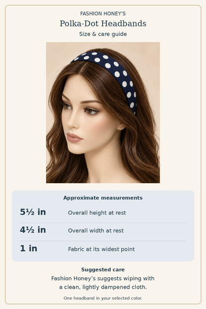 Polka-dot headband size and suggested care guide, one-inch fabric width