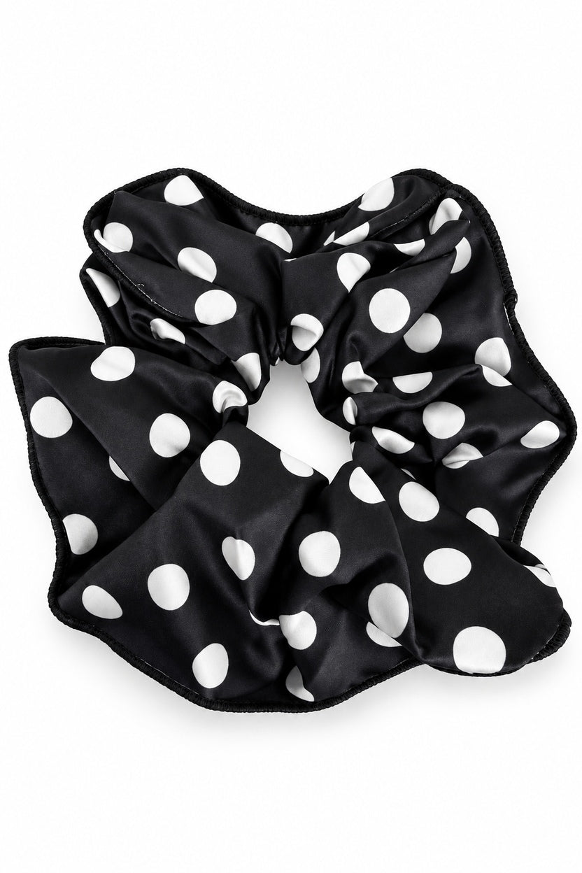 Ellas Black/White ruffle scrunchie with white polka dots on black fabric