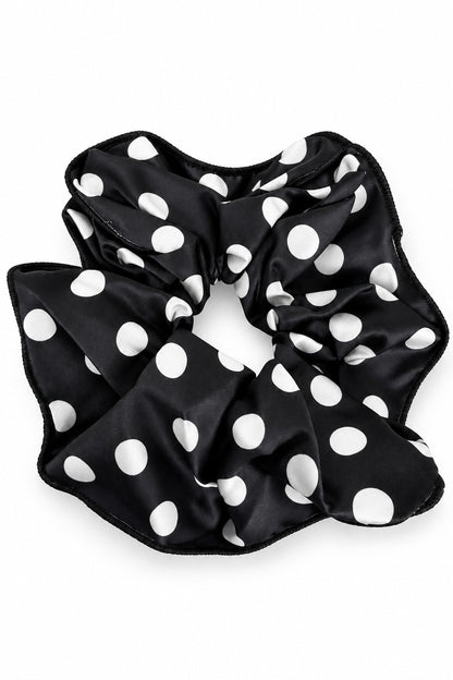 Ellas Black/White ruffle scrunchie with white polka dots on black fabric