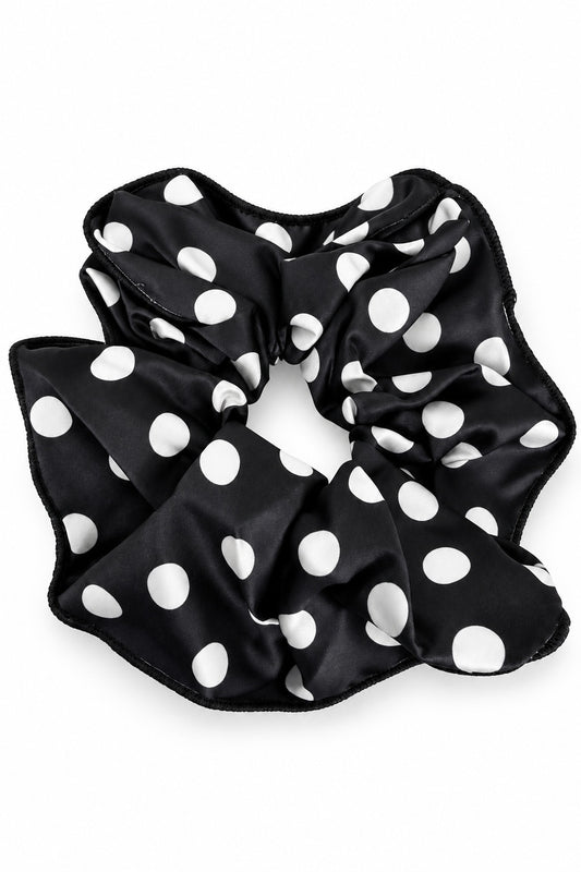 Ellas Black/White ruffle scrunchie with white polka dots on black fabric