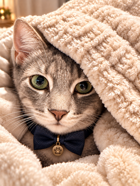 Pookie the gray tabby under a cozy cream blanket wearing a navy bow tie and gold paw charm