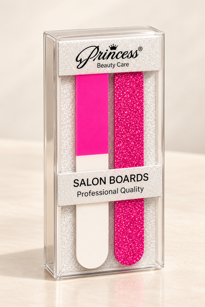 Angled view of Princess Hot Pink Salon Boards clear retail box