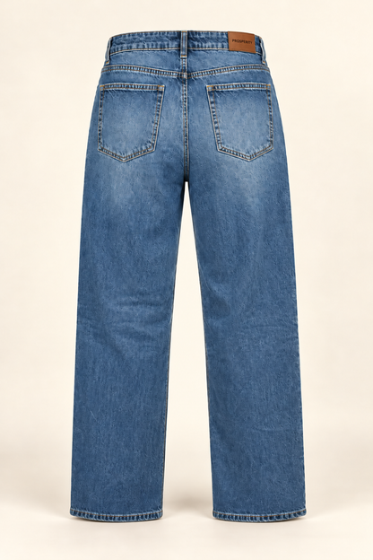 Back ghost mannequin view of Prosperity Carla cotton wide-leg jeans with rear pockets and brand patch