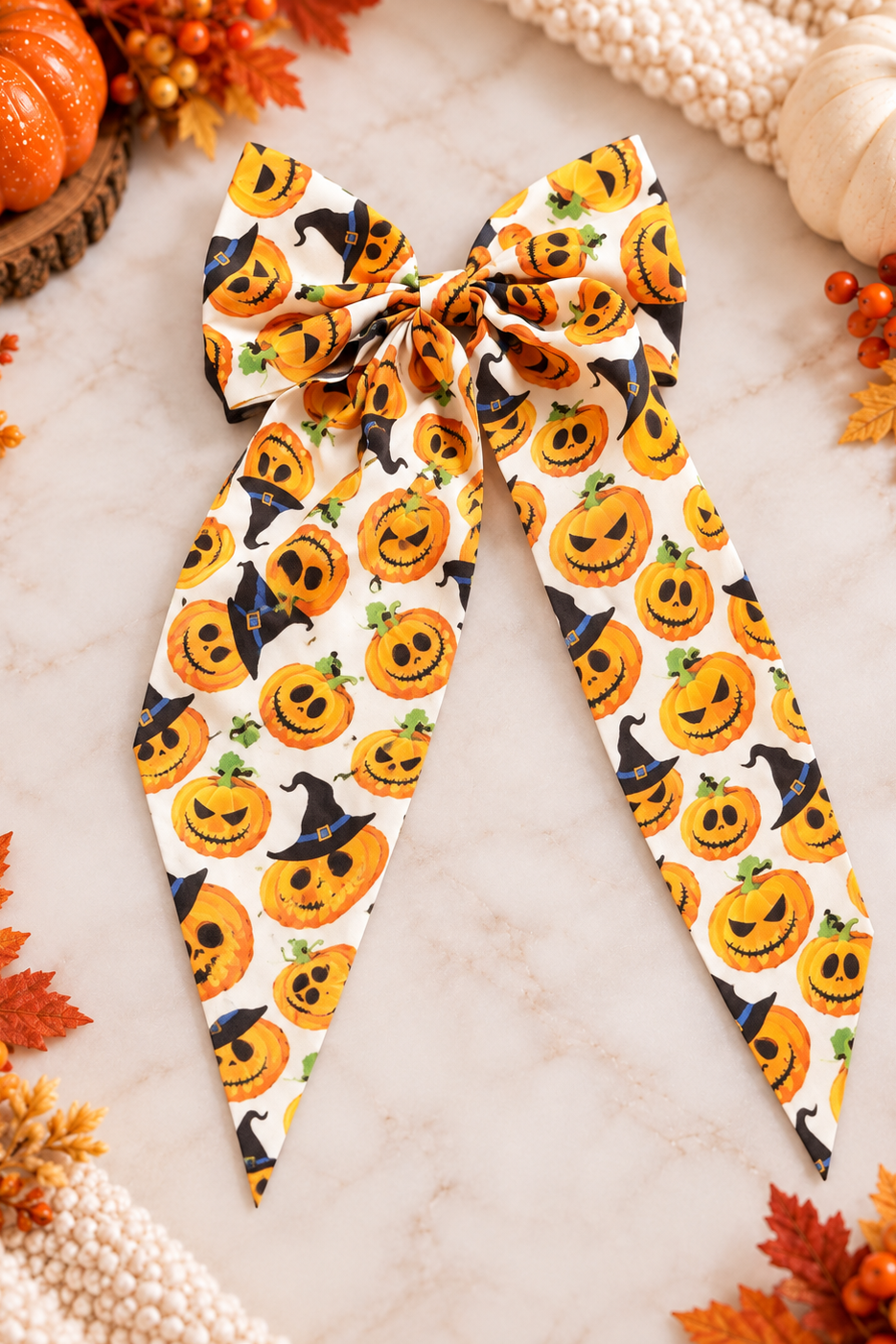 White Halloween pumpkin hair bow