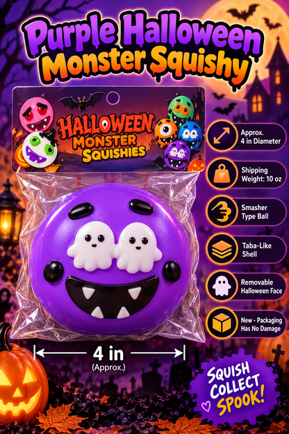 Purple Halloween Monster Squishy product details showing approximately 4 inch diameter and 10 ounce shipping weight