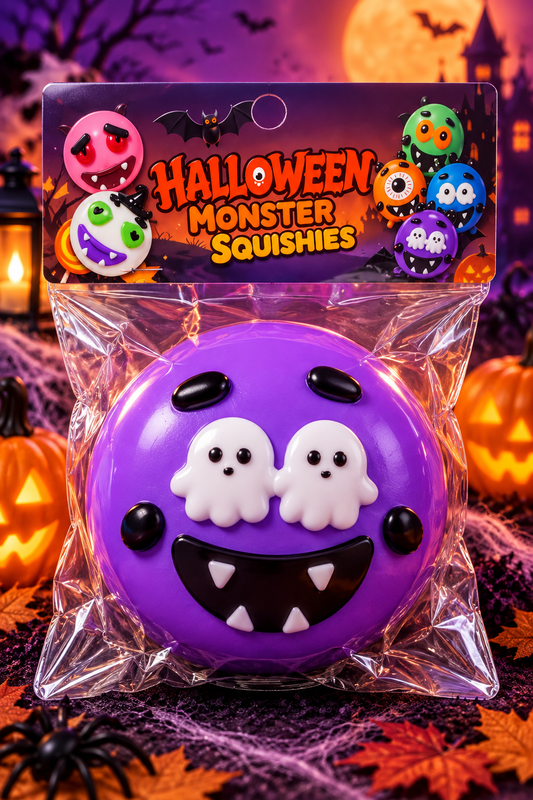 Purple Halloween Monster Squishy smasher-type ball with removable ghost face in retail packaging