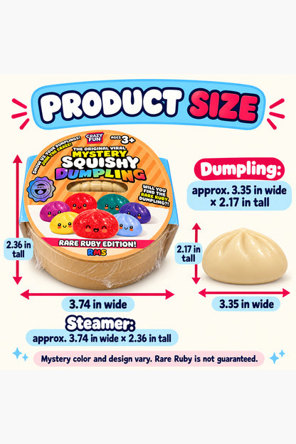 Approximate dumpling 3.35 × 2.17 in and steamer 3.74 × 2.36 in; illustrative mystery dumpling
