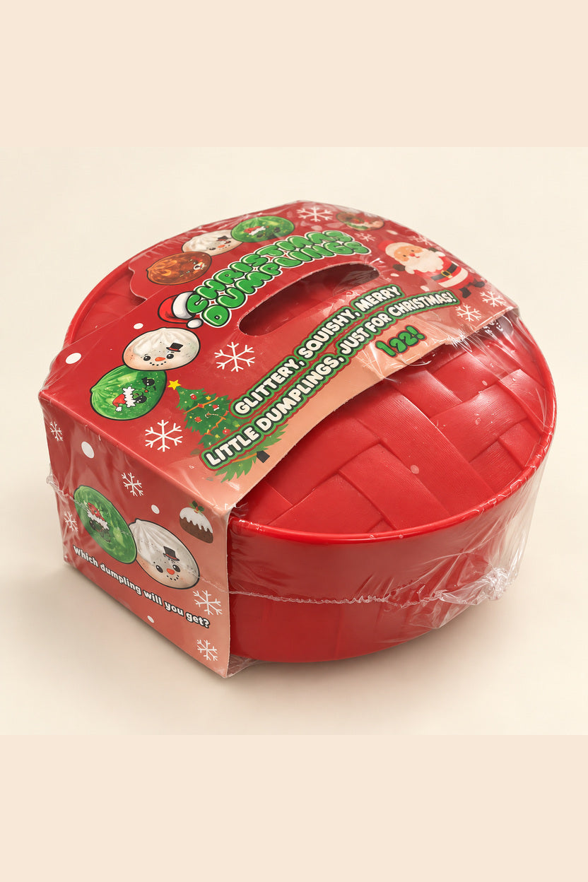 Sealed red steamer Christmas Dumplings three-quarter view