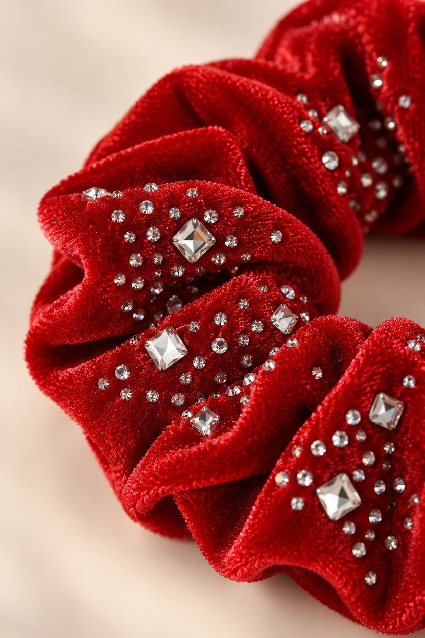 Close-up of Red scrunchie plush texture and round and square rhinestone trim