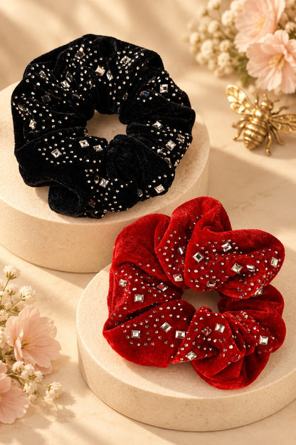 Black and Red rhinestone-trim scrunchies on a boutique display; one selected scrunchie sold