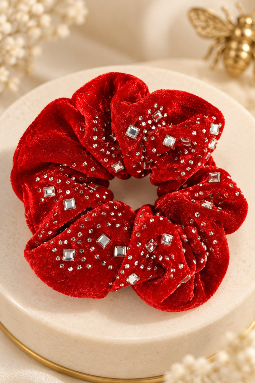 Red rhinestone-trim scrunchie with round and square rhinestone accents