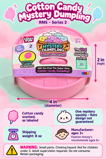 Cotton Candy Series 2 container dimensions approximately 4 inches diameter by 2 inches high, 8-ounce shipping weight, age guidance and choking-hazard warnings.