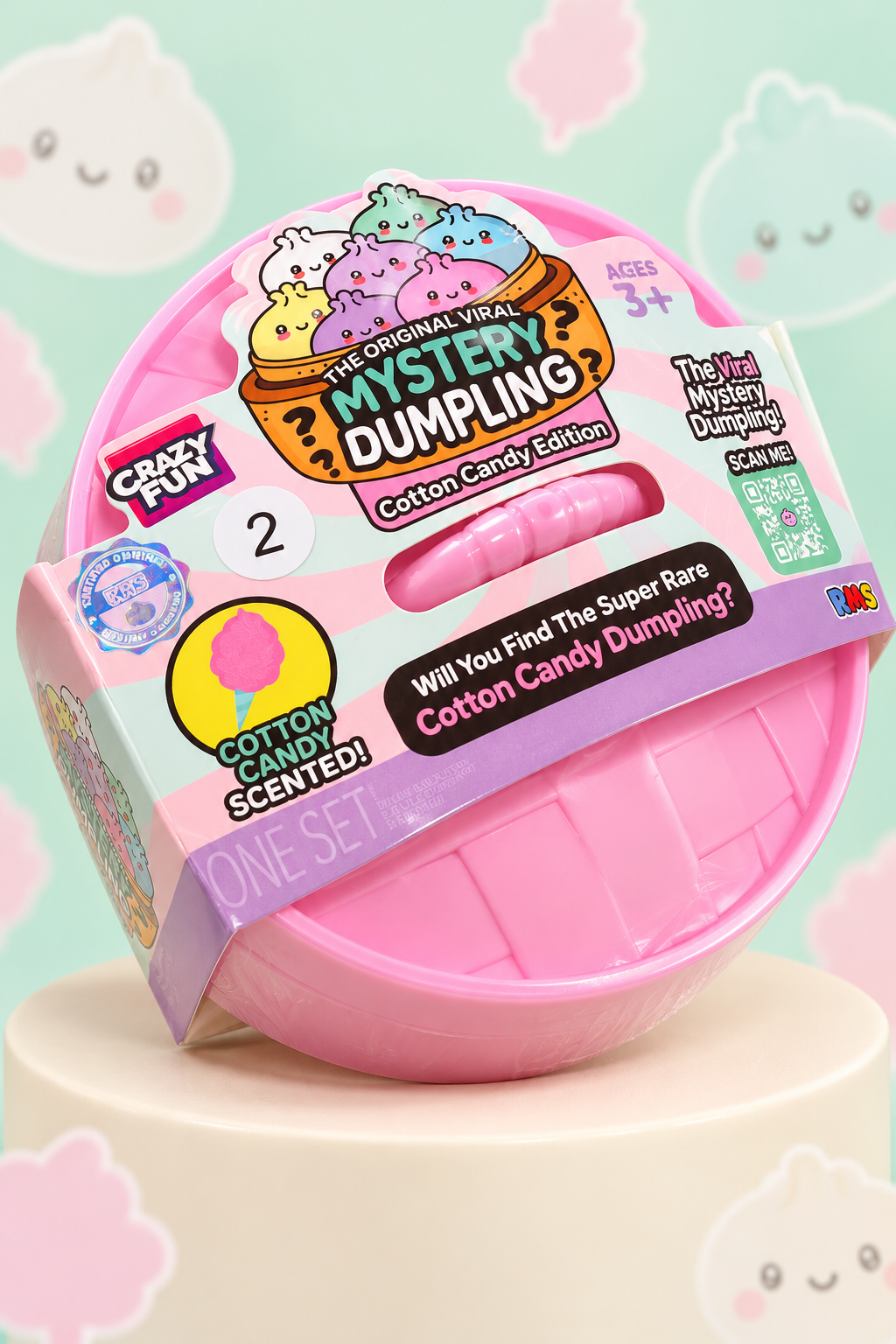 Sealed RMS Cotton Candy Edition Series 2 mystery dumpling in its pink steamer with pastel sleeve.