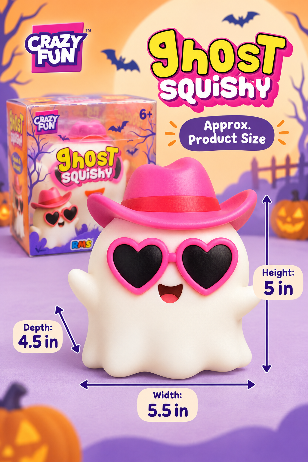 RMS Crazy Fun Jumbo Ghost Squishy size guide: 5 inches high, 5.5 inches wide, 4.5 inches deep