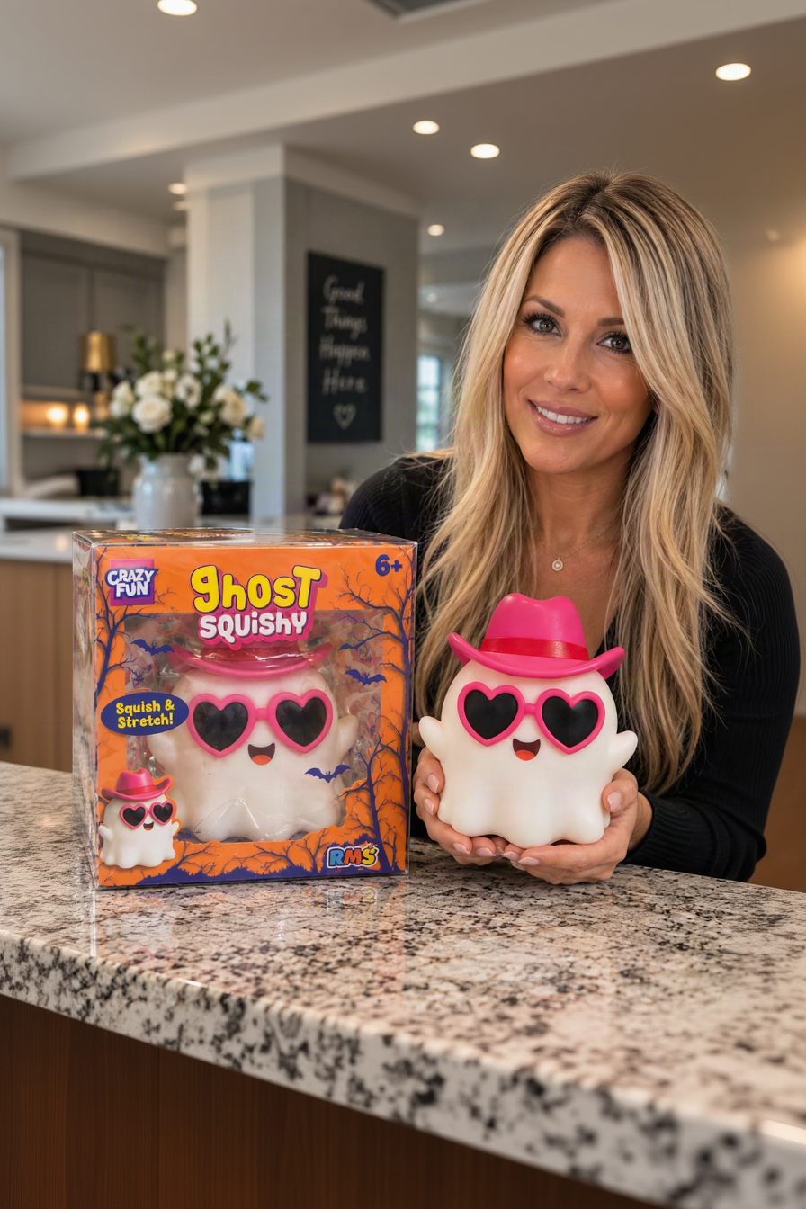 RMS Crazy Fun jumbo Ghost Squishy held at realistic scale beside original retail box