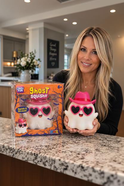 RMS Crazy Fun jumbo Ghost Squishy held at realistic scale beside original retail box