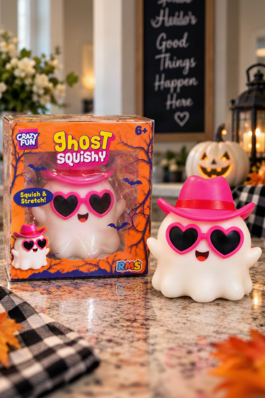 RMS Crazy Fun Ghost Squishy unboxed beside original retail package