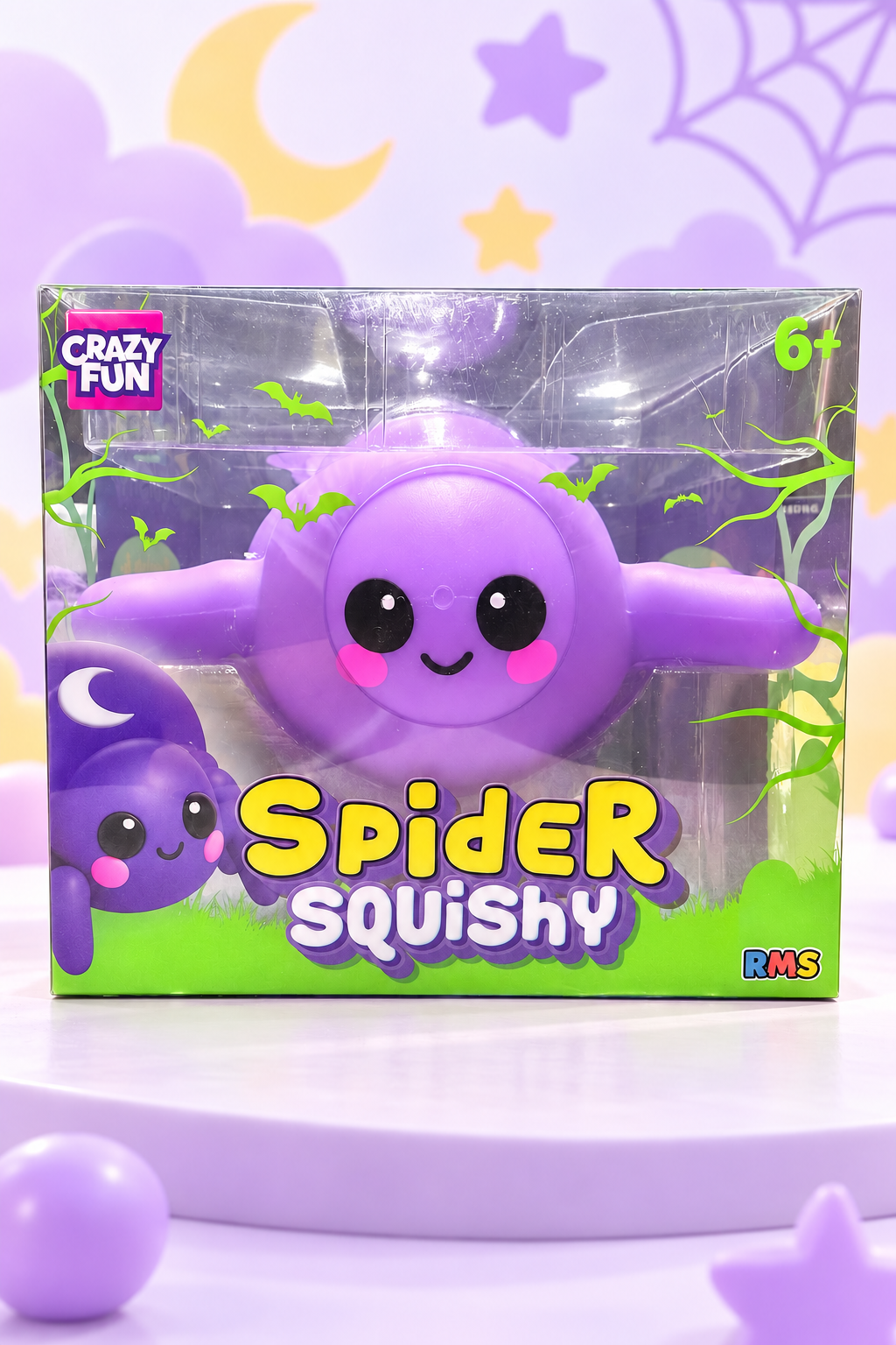 RMS Crazy Fun purple Spider Squishy in original retail box on a pastel display
