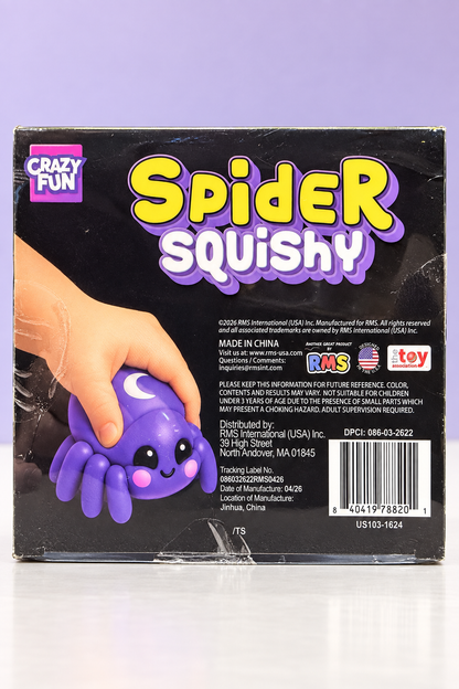 RMS Spider Squishy back packaging with readable safety warning and UPC 840419788201