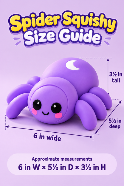 Purple RMS Spider Squishy size guide: approximately 6 inches wide, 5.5 inches deep and 3.5 inches tall